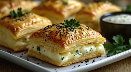 golden flaky cheese-filled puff pastry squares topped with black sesame and parsley on a white plate beside a creamy dipping sauce, warm and inviting