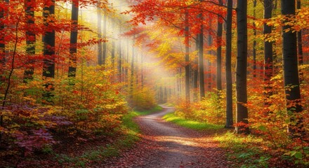 Sunlight beams illuminate a winding forest path covered in fallen leaves during a vibrant autumn season with richly colored red and orange foliage