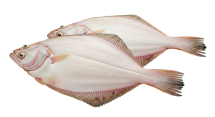 Two whole flatfish with pale skin and pinkish gills arranged diagonally, cutout, PNG isolated on white or transparent background