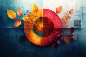 autumn branches with golden leaves crossing a glowing orange and red circular ring over a blue circuit board background, serene fusion of nature and technology