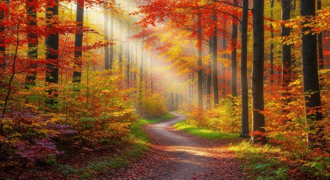 Sunlight beams illuminate a winding forest path covered in fallen leaves during a vibrant autumn season with richly colored red and orange foliage - Powered by Adobe