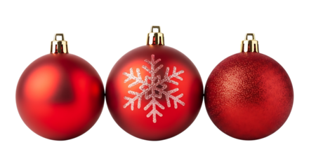 Three red Christmas ornaments one with snowflake design and one glittery, cutout, PNG isolated on white or transparent background