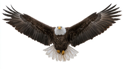 Obraz premium Majestic Bald Eagle Flying with Spread Wings in Full Body Against a Clean White Background