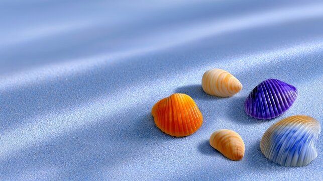 A collection of five colorful seashells arranged on fine blue sand. Diagonal light streaks create a serene and artistic mood. - Powered by Adobe