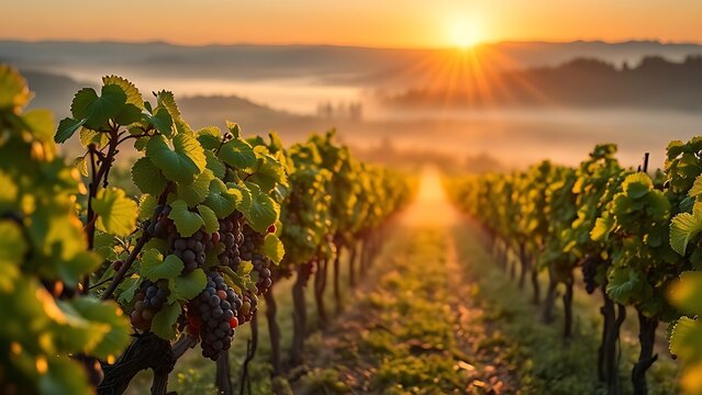 nebbiolo. Nebbiolo vineyard on Piedmont hills at sunrise with morning mist over grapes. menu design, packaging mockups, designed for culinary blogs and recipe cards for restaurants.