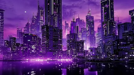 Vibrant futuristic city skyline at dusk with purple hues reflecting on the water, showcasing advanced architecture