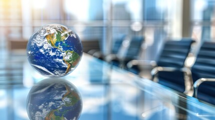 Earth Globe on Conference Table in Modern Business Meeting Room