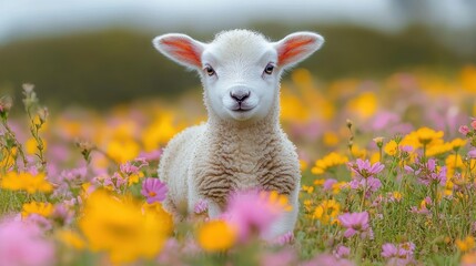 Obraz premium Fluffy white lamb standing in a colorful meadow of yellow and pink wildflowers, calm and curious expression