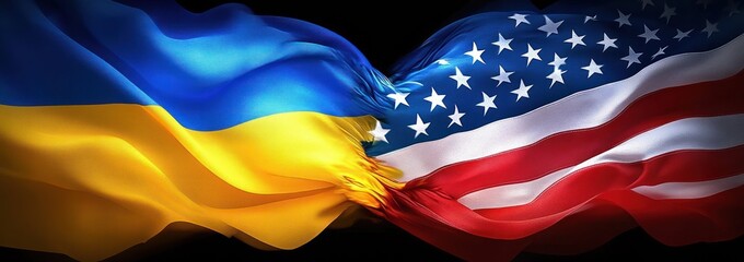 Flowing Ukrainian and American flags intertwined, waving together in a display of solidarity and hope