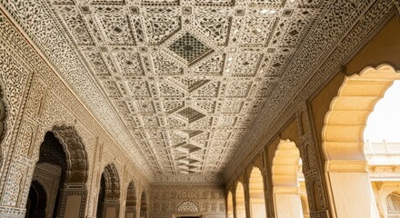 Intricate carved marble ceiling and ornate archway detail inside the sheesh mahal or mirror palace at amer fort in jaipur, rajasthan, india, showcasing mughal architecture
