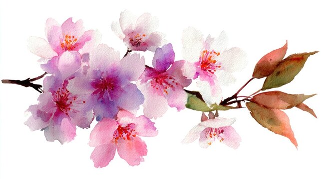 A beautiful watercolor illustration of cherry blossoms, showcasing delicate pink and white flowers with soft petals and leaves.