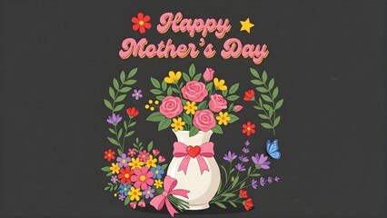 A cute cartoon illustration of a winter holiday bouquet of flowers in a decorative Christmas vase with a happy snowman and gift icon set