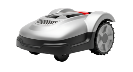 Silver robotic lawn mower with black accents and red top detail, cutout, PNG isolated on white or transparent background