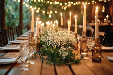 Rustic wooden table set for a cozy evening dinner with lit tall candles in glass bottles, white floral centerpieces, crystal glasses, and soft string lights in the background