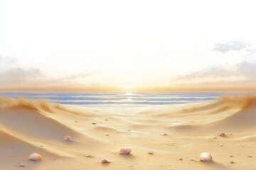peaceful beach scene with soft sand dunes scattered with seashells under a calm sky at sunrise or sunset over gentle sea waves