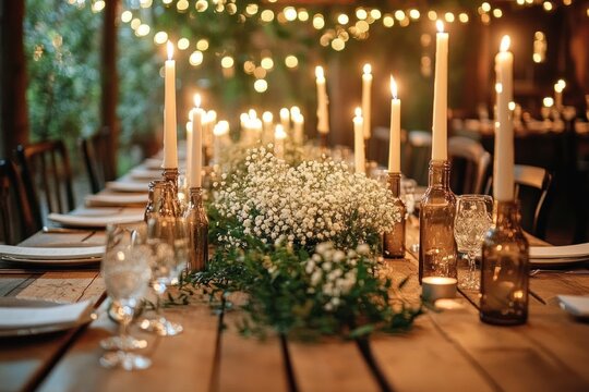 Rustic wooden table set for a cozy evening dinner with lit tall candles in glass bottles, white floral centerpieces, crystal glasses, and soft string lights in the background
