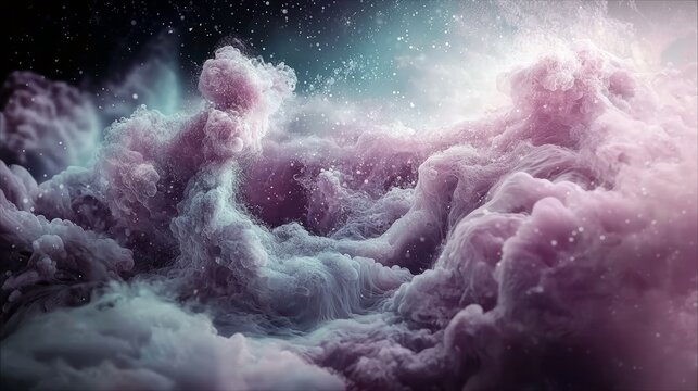 Abstract swirling clouds of pink and blue gas and dust, resembling a cosmic nebula with tiny sparkling stars, illuminated by a soft ethereal glow. - Powered by Adobe