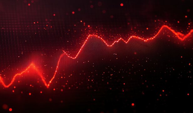 Glowing red digital wave with fluctuating peaks and dots on dark background, representing dynamic data visualization or graph