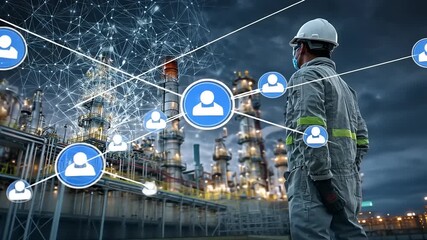 Industrial worker observing connected network over a refinery with digital profiles in the background - Powered by Adobe