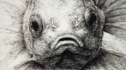 Detailed, monochromatic drawing of a fish head with large eyes and downturned mouth
