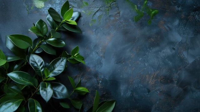Green leaves on textured dark blue background with subtle rust hues