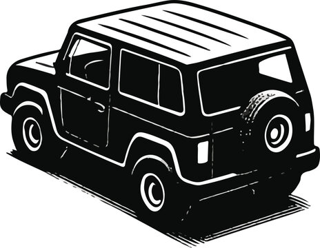 4x4 jeep rear view illustration, off-road SUV back angle woodcut, rugged vehicle