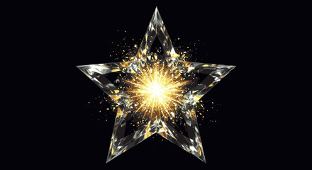 A stunning faceted crystal star shimmers with a brilliant golden explosion of light and sparkling particles against a deep black background, symbolizing success and luxury.