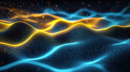 Abstract glowing wave patterns with flowing blue and golden particles creating an impression of digital energy or futuristic landscape