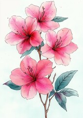 Delicate watercolor painting of four pink flowers with detailed stamens and green leaves on thin brown stems, evoking tranquility and natural beauty