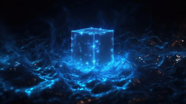 Glowing blue digital cube emitting light waves and surrounded by dynamic luminous blue particles on a dark background
