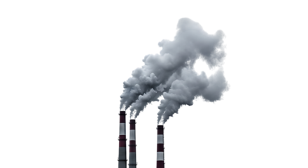 Three industrial smokestacks emitting thick white smoke plumes against a dark void, cutout, PNG isolated on white or transparent background