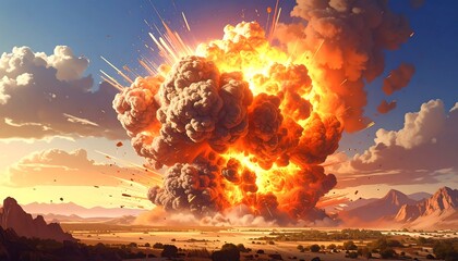 Large, fiery explosion mushroom cloud over a desolate, mountainous landscape