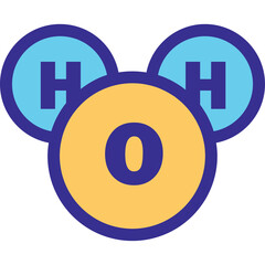 Simple stylized graphic representation of a water molecule diagram with blue circles labeled H and a central orange circle labeled O on a transparent background