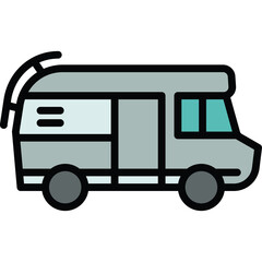 Simple Stylized Gray Camper Van With Teal Windows And Black Outline On Transparent Background Icon Style
