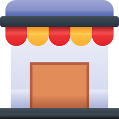 Simple Storefront Icon With Red Yellow Awning And Orange Door On White Background Clean Design Vector Illustration