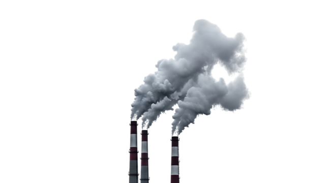 Three industrial smokestacks emitting thick white smoke plumes against a dark void, cutout, PNG isolated on white or transparent background