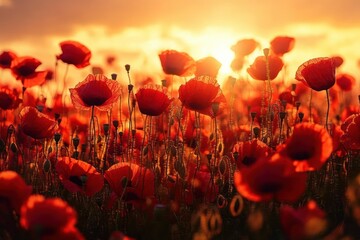 Field of vibrant red poppies backlit by warm golden sunlight during sunset, creating a glowing and peaceful natural scene