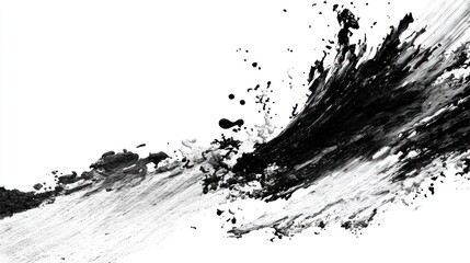 A dynamic black ink splash on a white background, reminiscent of waves, creating an abstract and artistic visual effect.