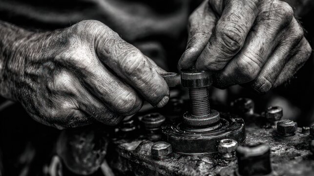 Wrinkled hands carefully assemble a worn, intricate mechanical part in monochrome