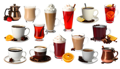 Collage of traditional hot beverages isolated on transparent png
