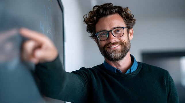 Smiling man with glasses pointing at a board in an office environment setting indoors