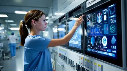 Medical professional analyzing patient data on advanced monitors in a high-tech hospital environment - Powered by Adobe