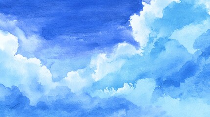 A serene watercolor depiction of blue clouds against a lighter sky, showcasing soft brush strokes and hues of blue that evoke tranquility.