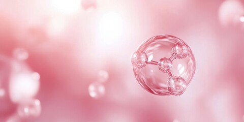 transparent molecular structure with spheres connected by rods floating against a soft pink blurred background