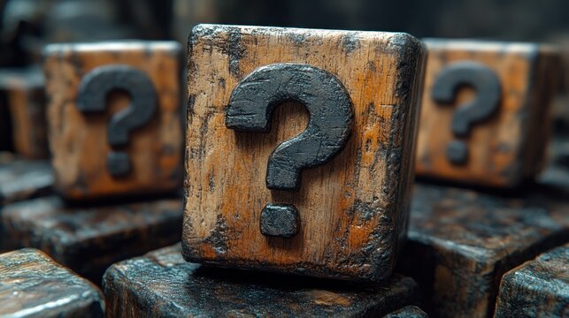 Close-up of rustic wooden blocks with large black question marks evoking mystery and curiosity