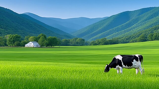 A black and white cow grazes peacefully in a vibrant green meadow. In the distance, a white farmhouse sits nestled amongst trees, with rolling blue mountains fo - Powered by Adobe