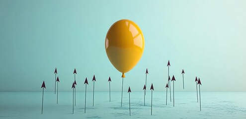 A single yellow balloon floating above numerous sharp arrows pointing upward on a textured surface under soft lighting, conveying tension and contrast