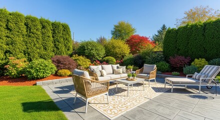 Luxurious outdoor patio seating area with wicker furniture set on stone paving surrounded by lush green and colorful autumn foliage under a clear blue sky on a sunny day