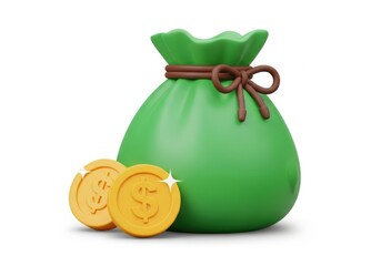 Green money bag with gold coins isolated on white background