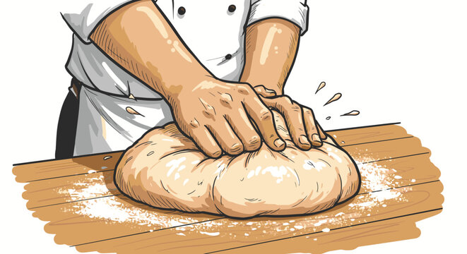 A professional chef's hands expertly knead a large batch of fresh dough on a rustic wooden table, preparing it for baking delicious bread or pastries.
